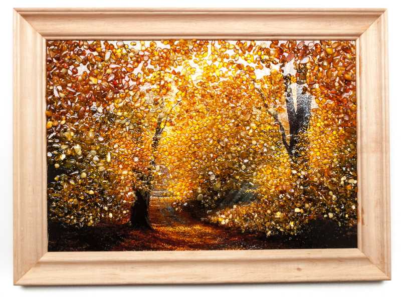 275x205 mm Autumn Landscape on red background hand made of natural Baltic Sea Amber stones (by Russian Amber)
