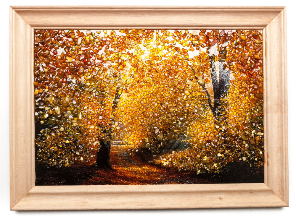 275x205 mm Autumn Landscape on red background hand made of natural Baltic Sea Amber stones (by Russian Amber)