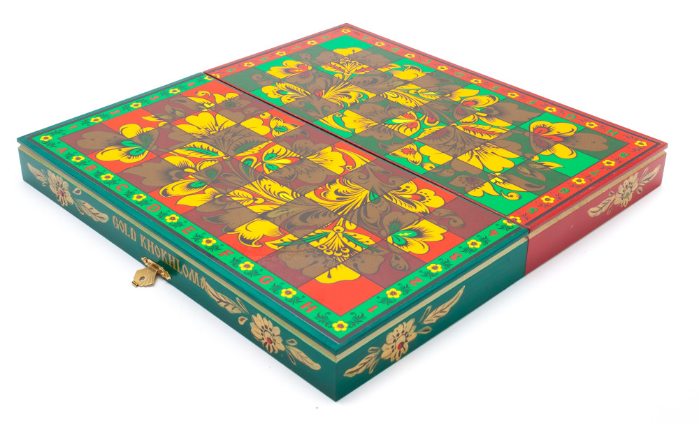 Wooden Chess Board with Khokhloma Art Hand Painted Chess Pieces