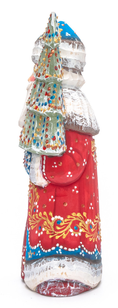180 mm Santa with a Green Christmas Tree and a Bag Carved Wood Hand Painted Collectible Figurine (by Natalia Nikitina Workshop)