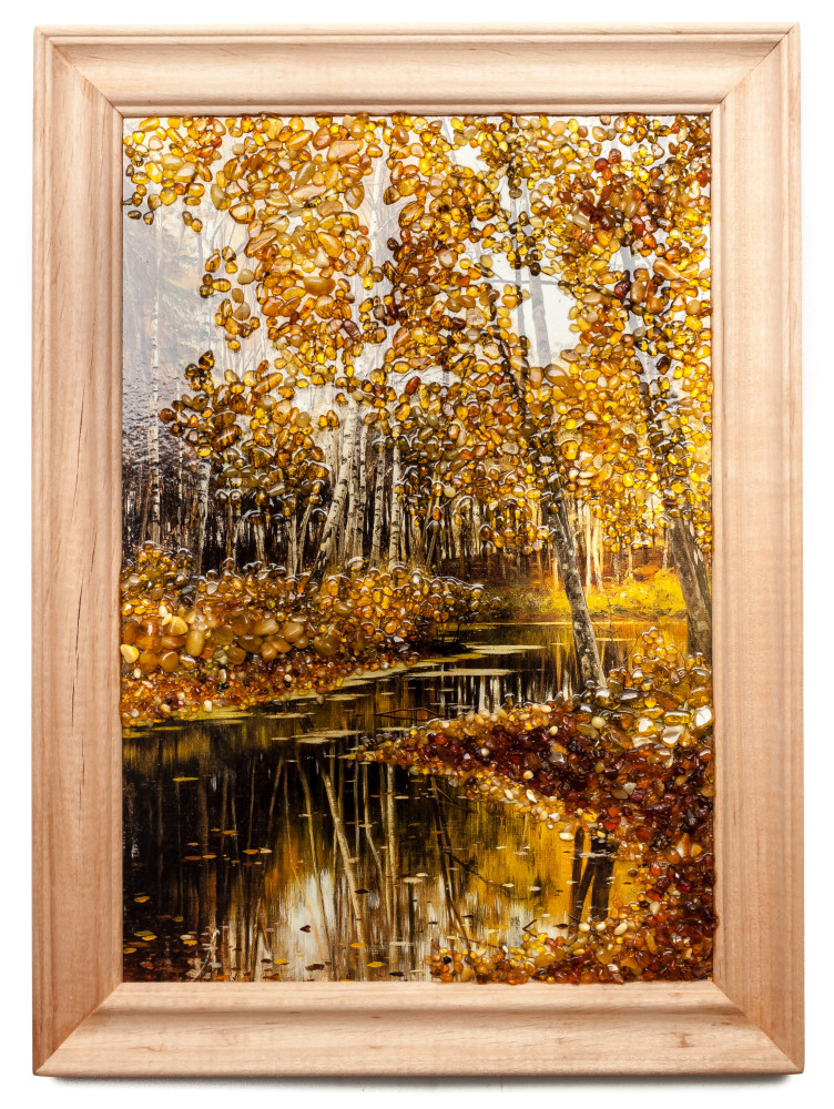205x275 mm Autumn Landscape on red background hand made of natural Baltic Sea Amber stones (by Russian Amber)