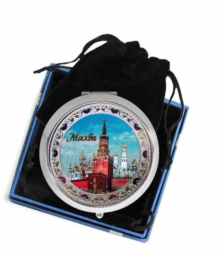 Зеркало с кнопкой в коробочке "Москва" с фольгированной вставкой, диаметр 7 см