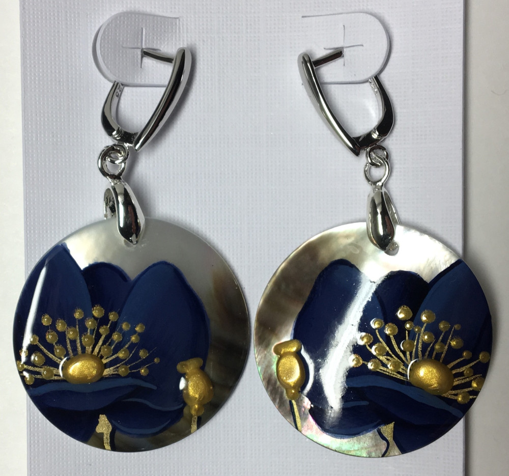 d30 mm Dark Blue Poppies hand painted on Nacre Earrings (by Tatiana Shkatulka Crafts)