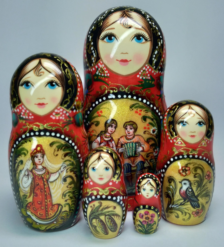 110 mm Ruslan and Lyudmila hand painted on wooden Matryoshka doll 5 pcs (by A Studio)