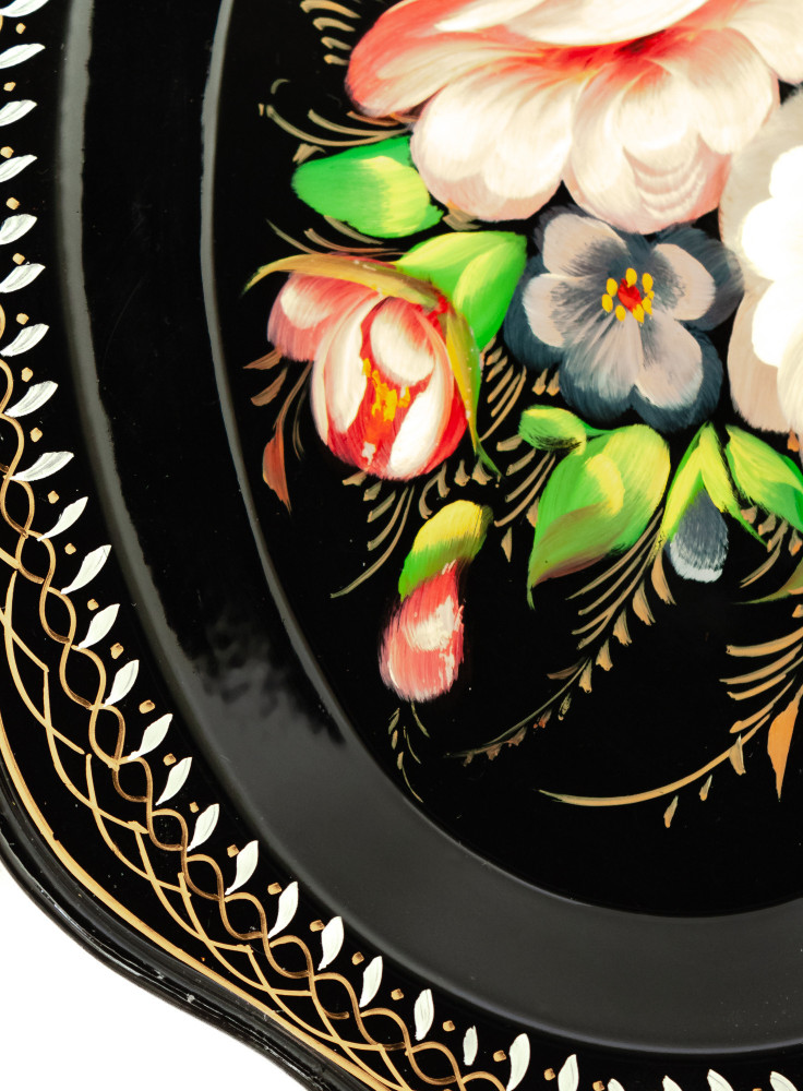 180x220 mm Zhostovo Patterns hand painted and lacquered Metal Forged Black Tray (by Lada Crafts)