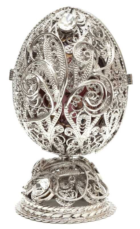 120 mm Delicate with a Monogram Silver on a Magnet Stand with a wooden Egg inside Easter Egg