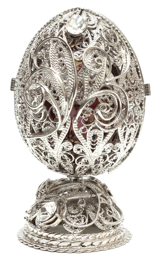 120 mm Delicate with a Monogram Silver on a Magnet Stand with a wooden Egg inside Easter Egg