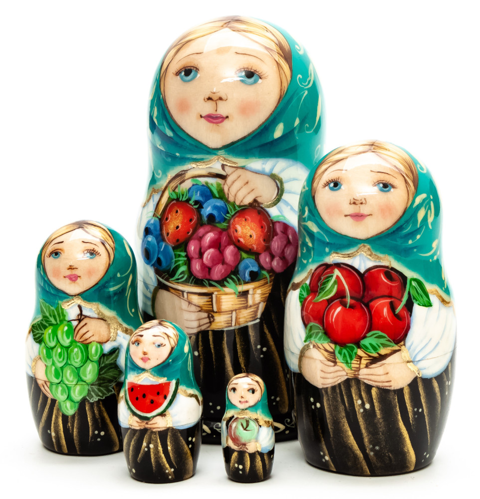 100 mm Maiden with Basket of Berries hand painted wooden Matryoshka doll 5 pcs (by A Studio)