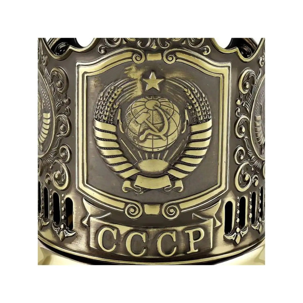 USSR coat of arms pure brass tea glass holder with crystal glass