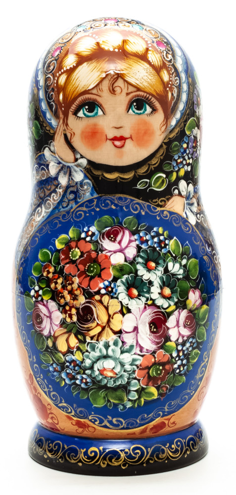 240 mm Zhostovo Patterns hand painted wooden Russian Matryoshka doll 5 pcs (by Olga Collection)