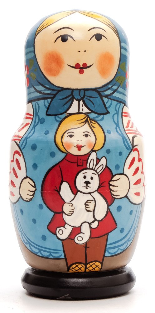  110 mm Mother with Daughter with Toy Hare hand painted Traditional Russian Wooden Matryoshka doll 5 pcs (by Igor Malyutin)