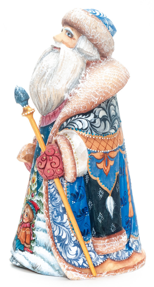 200 mm Santa with a Magic Staff and a Bag with handpainted Children Wooden Carved Statue (by Igor Carved Wooden Figures Studio)