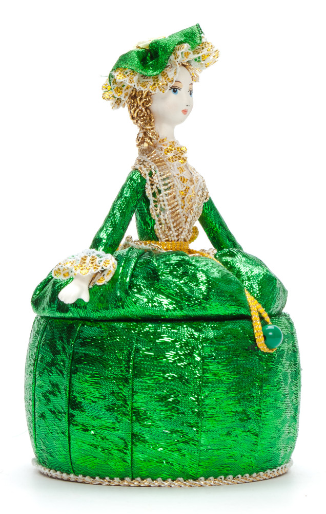 Girl in a Little Hat and Nice Dress Jewelry Box (brocade, hand-sewn Doll by Le Russe)