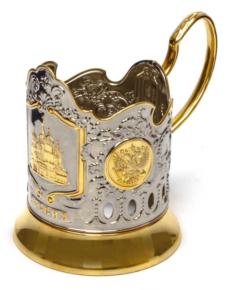 Saint Basil Cathedral Gold Plated Brass Tea Glass Holder with Crystal Glass and Gold Plated Tea Spoon (by Kolchugino)