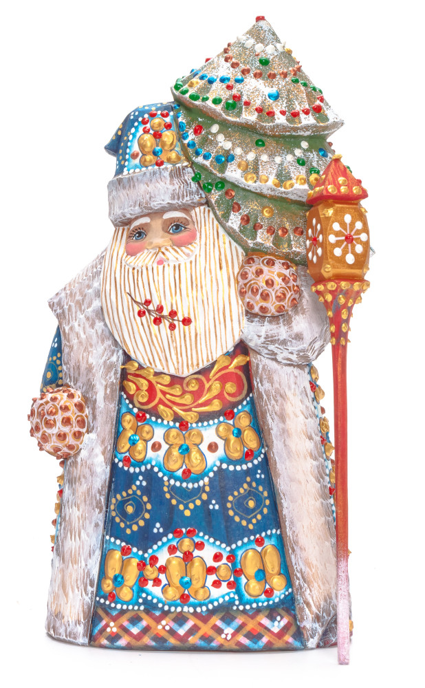 210 mm Santa with a Magic Staff and a Green Christmas Tree Carved Wood Hand Painted Collectible Figurine (by Natalia Nikitina Workshop)