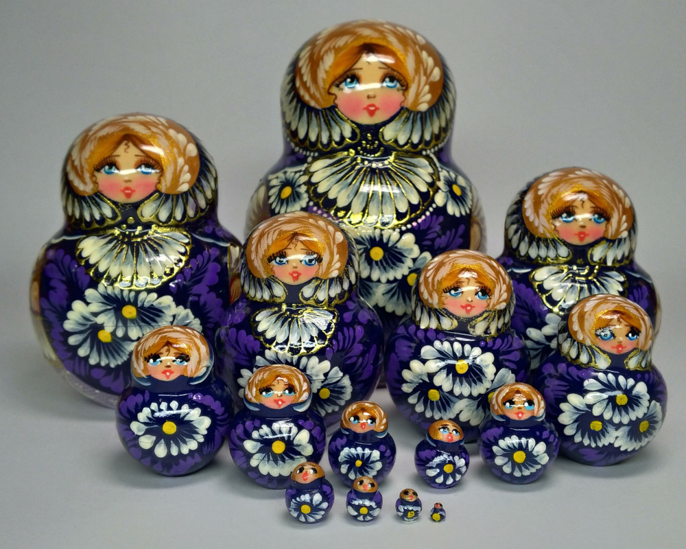120mm Daisies Hand Painted Wooden Matryoshka doll 15 pcs (by Valentina Dolls)