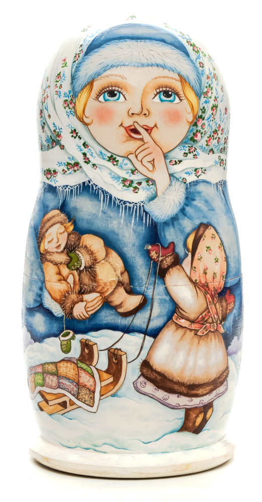 180 mm Kids playing in the Snow hand painted on wooden Matryoshka doll 5pcs (by Alexander Famous Paintings Studio)