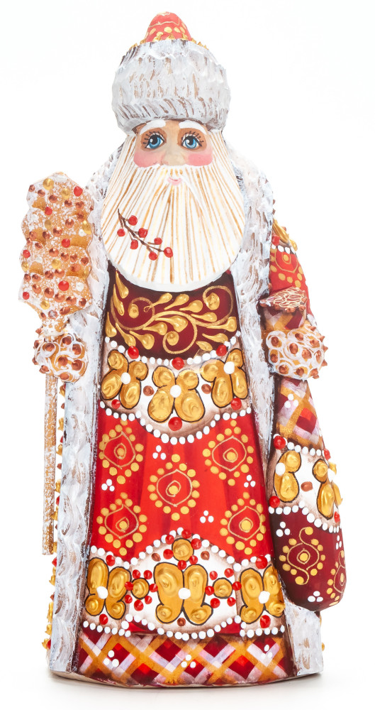 170 mm Santa Claus with a Magic Staff and a Bag handpainted Wooden Carved Statue (by Natalia Nikitina Workshop)