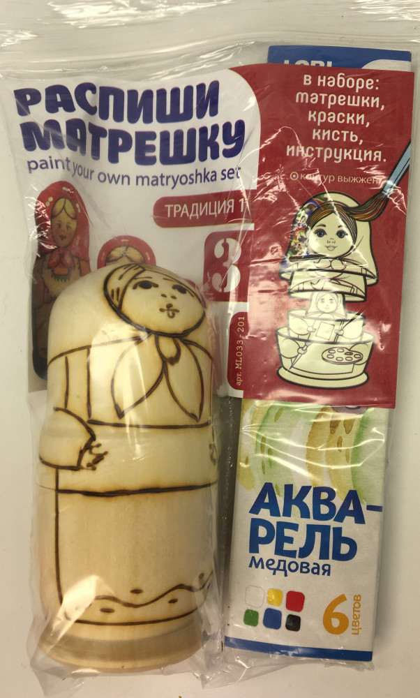 100 mm Blanc Matryoshka doll 3 pcs inside with paints, brushes, instruction manual (by Sergey Carved Wooden Dolls)