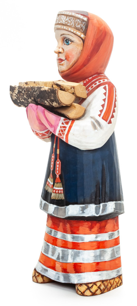 270 mm Girl with a Firewood hand painted Wooden Statue (by Karpova Nadezda)