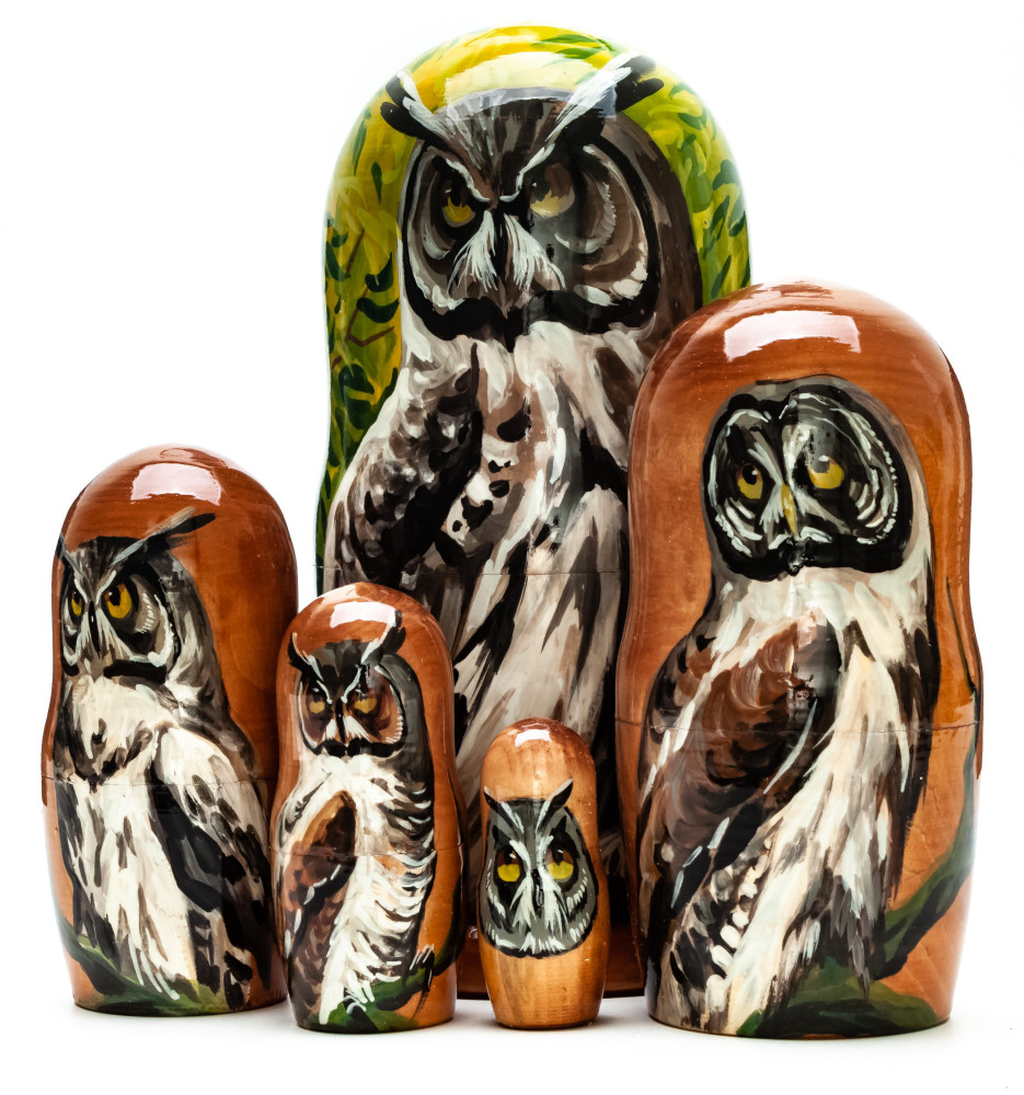 180mm Owl hand painted on wooden Matryoshka doll 5 pcs (by Alexander Famous Paintings Studio)