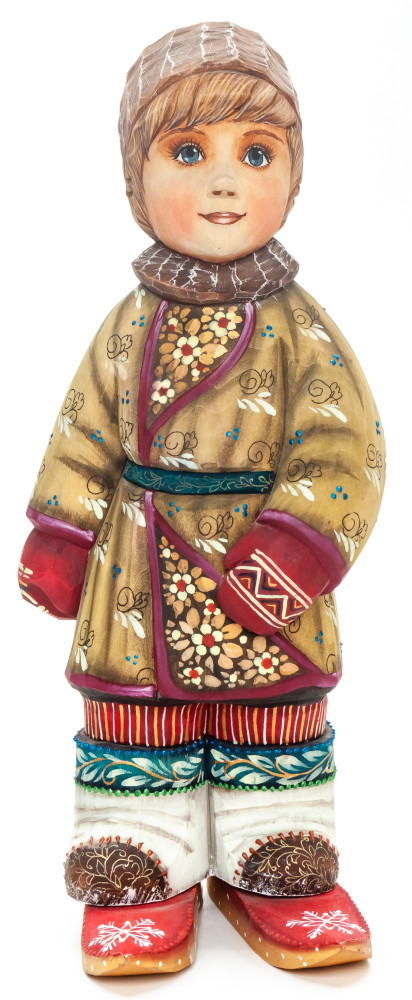 230 mm Boy riding the Skiing hand painted Wooden Statue (by Karpova Nadezda)