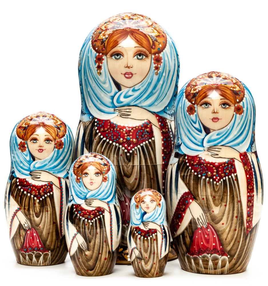 180 mm Maiden in a Dress hand painted on Wooden Matryoshka doll 5 pcs (by Natalia Crafts)