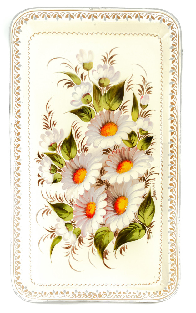 235x395 mm Zhostovo Patterns hand painted and lacquered by Lopatina Metal Forged White Tray (by Lada Crafts)