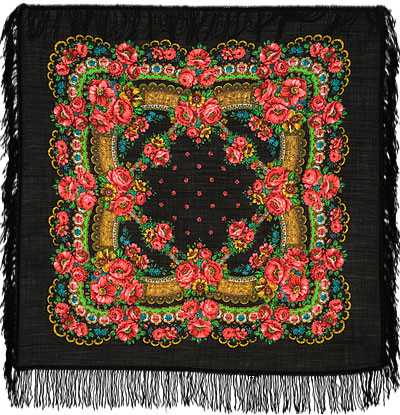 89x89 cm Poppy color Woolen Shawl with Woolen Fringe Pavlovo Posad Manufactory