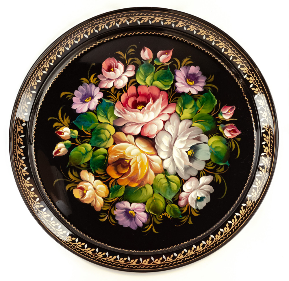 d 385 mm Zhostovo Patterns hand painted and lacquered by Trescheva Metal Forged Tray (by Lada Crafts)