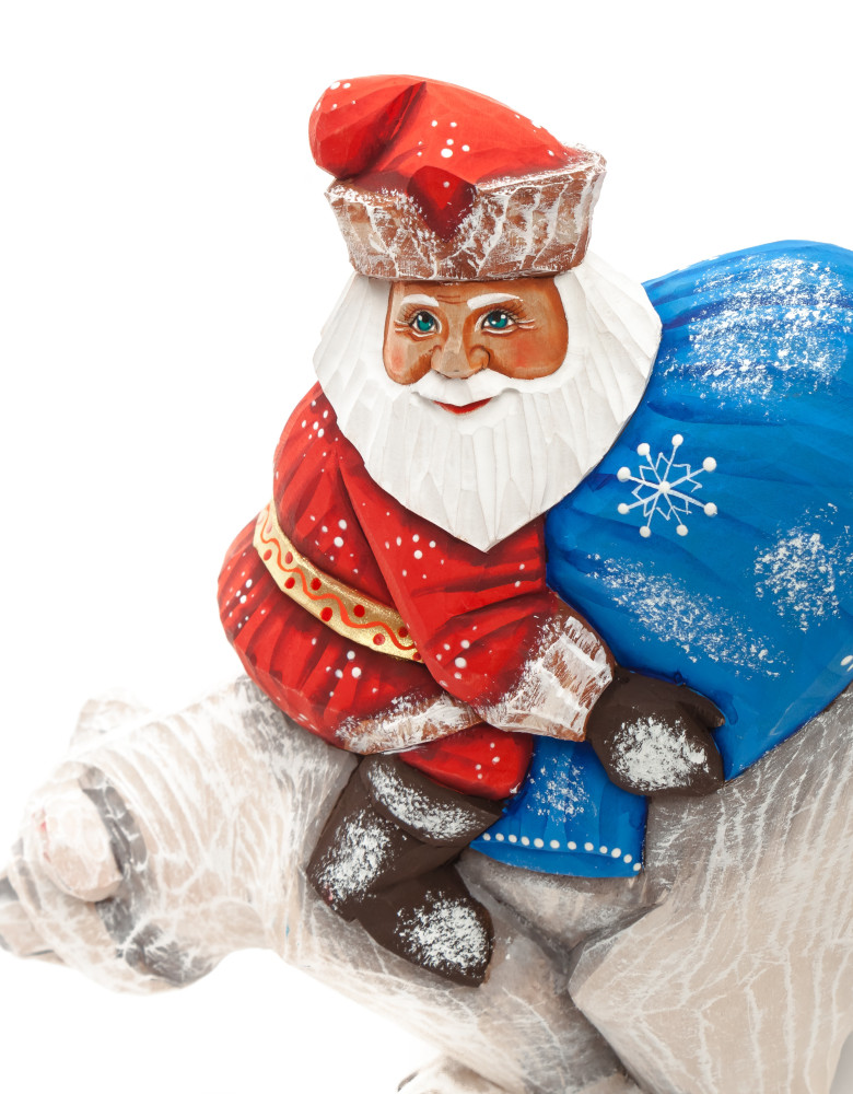 160 mm Santa with a Bag riding the Bear Carved Wood Hand Painted Collectible Figurine (by Sergey Christmas Workshop)