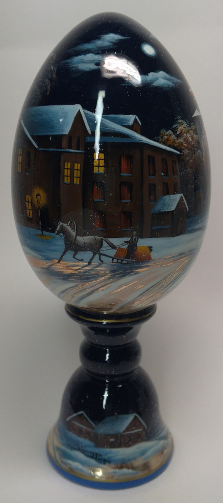 210 mm Russian Winter hand painted on colored wooden Egg with standby (by Tatiana Crafts)