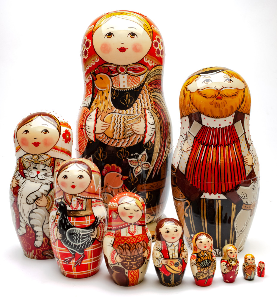 280 mm Russian Family with Chickens and Sunflowers hand painted Wooden Matryoshka doll 10 pcs inside