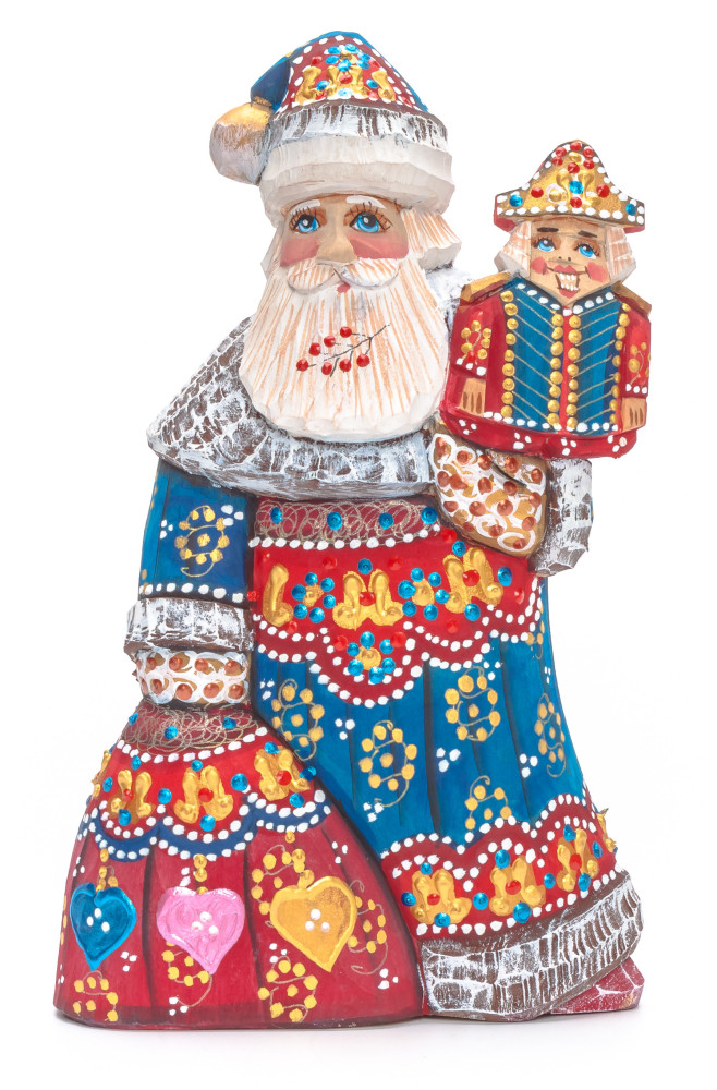 180 mm Santa with a Bag and a Nutcracker Carved Wood Hand Painted Collectible Figurine (by Natalia Nikitina Workshop)