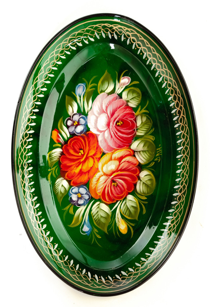 165x255 mm Zhostovo Patterns hand painted and lacquered Metal Forged Green Tray (by Lada Crafts)