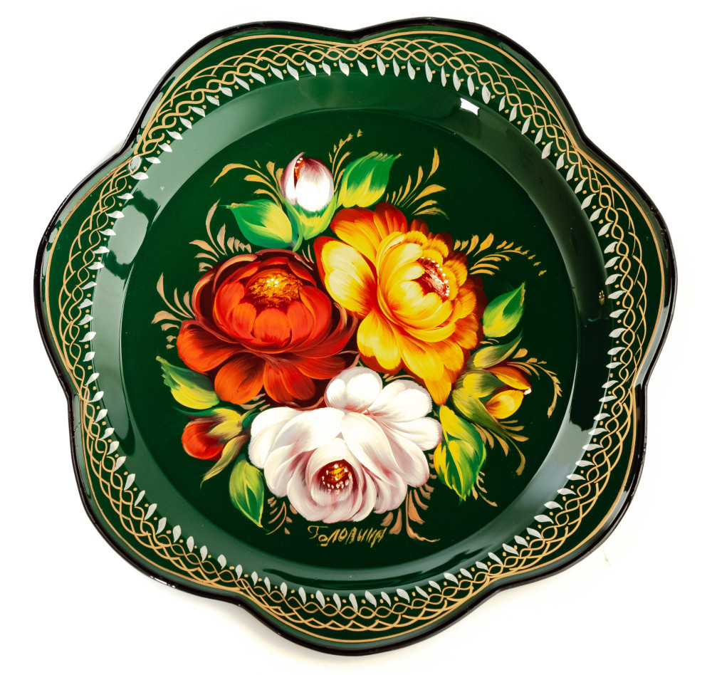d 220 mm Zhostovo Patterns hand painted and lacquered by Golovina Metal Forged Green Tray (by Lada Crafts)