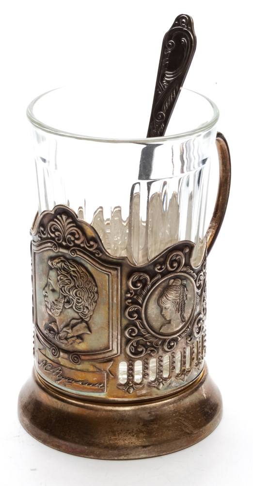 Pushkin Silver Plated Brass Tea Glass Holder with Faceted Glass (by Kolchugino)
