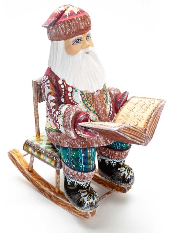 270 mm Santa Claus in a Rocking Chair with a Book handpainted Wooden Carved Statue (by Igor Carved Wooden Figures Studio)