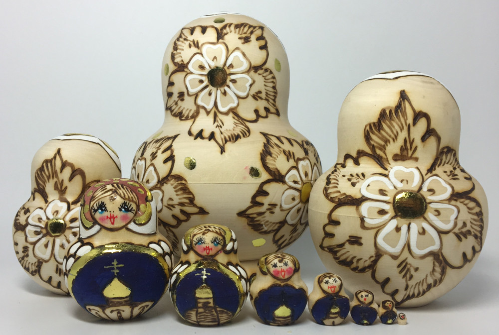 130 mm Moscow Cathedrals hand painted and burnt Wooden Matryoshka Doll 10 pcs (by Natalie Studio)