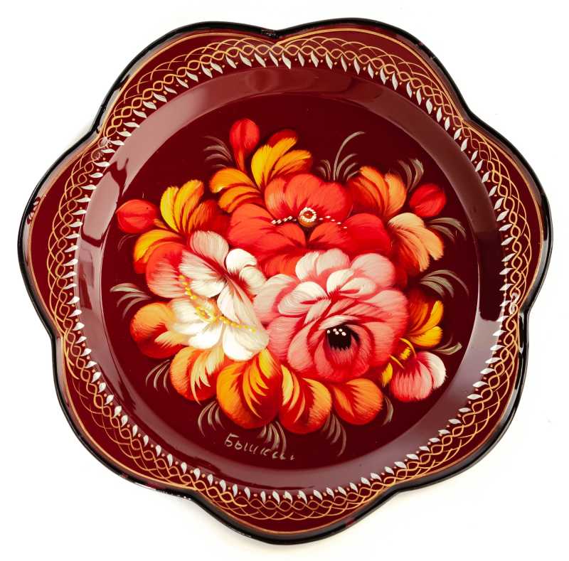 d 220 mm Zhostovo Patterns hand painted and lacquered Metal Forged Carmine Tray (by Lada Crafts)