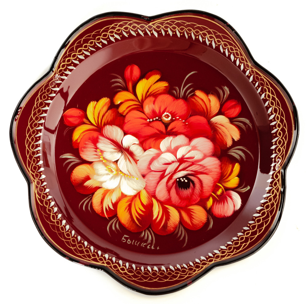 d 220 mm Zhostovo Patterns hand painted and lacquered Metal Forged Carmine Tray (by Lada Crafts)