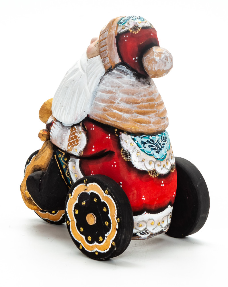 130 mm Santa Claus Riding the Bicycle handpainted Wooden Carved Statue (by Igor Carved Wooden Figures Studio)