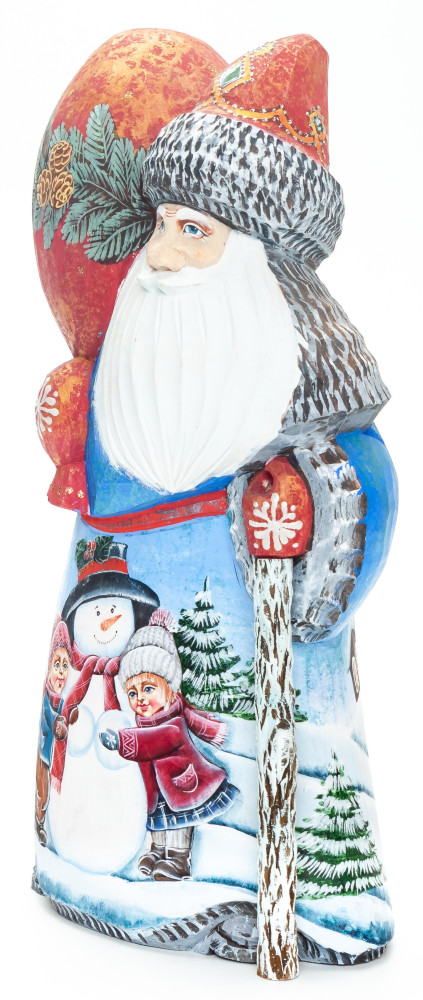210 mm Santa with a Magic Staff and a Bag with handpainted Children making a Snowman Wooden Carved Statue (by Igor Carved Wooden Figures Studio)