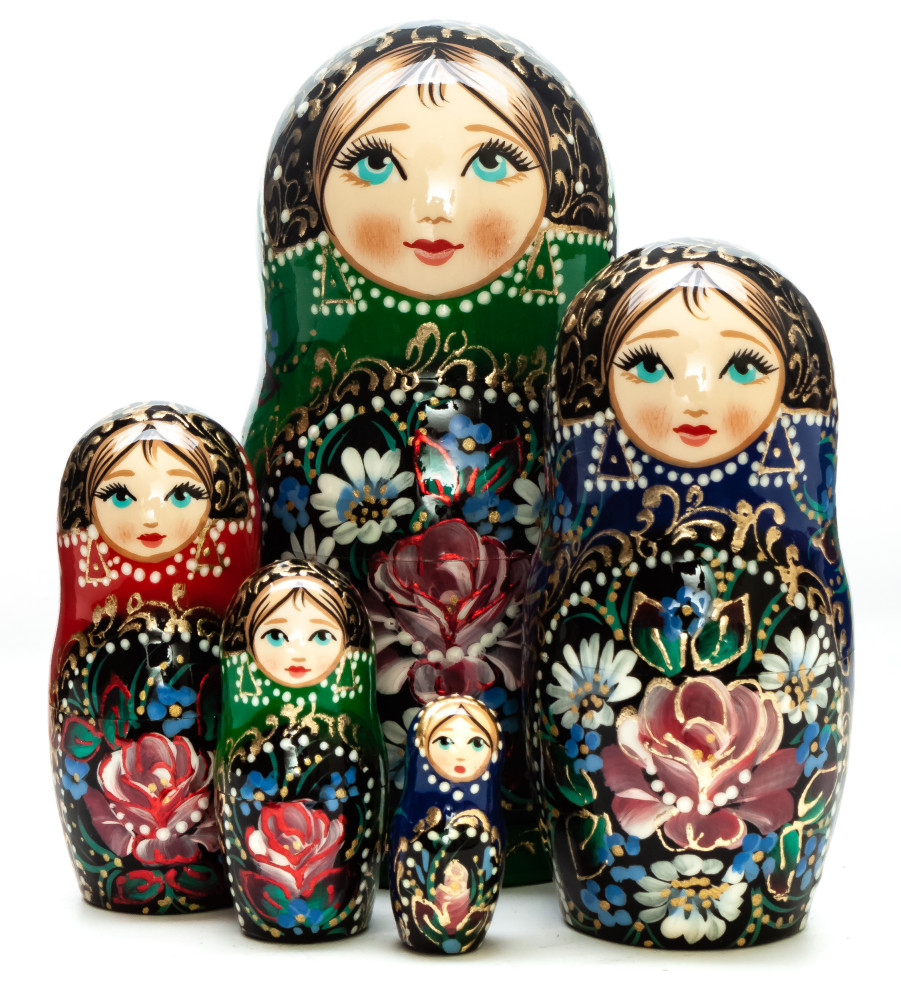  110 mm Flowers hand painted on wooden Matryoshka doll 5 pcs (by A Studio)
