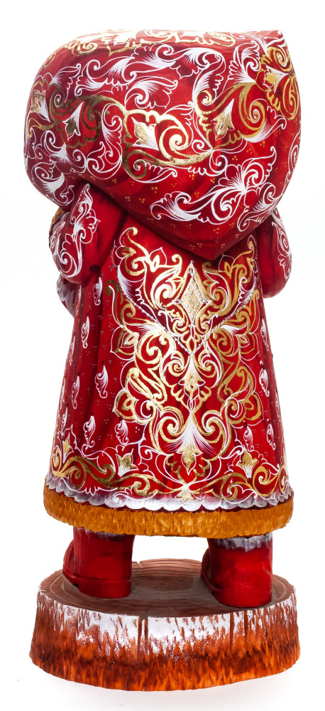 340 mm Santa Claus with a Bag and a Magic Staff handpainted Wooden Carved Statue (by Igor Carved Wooden Figures Studio)