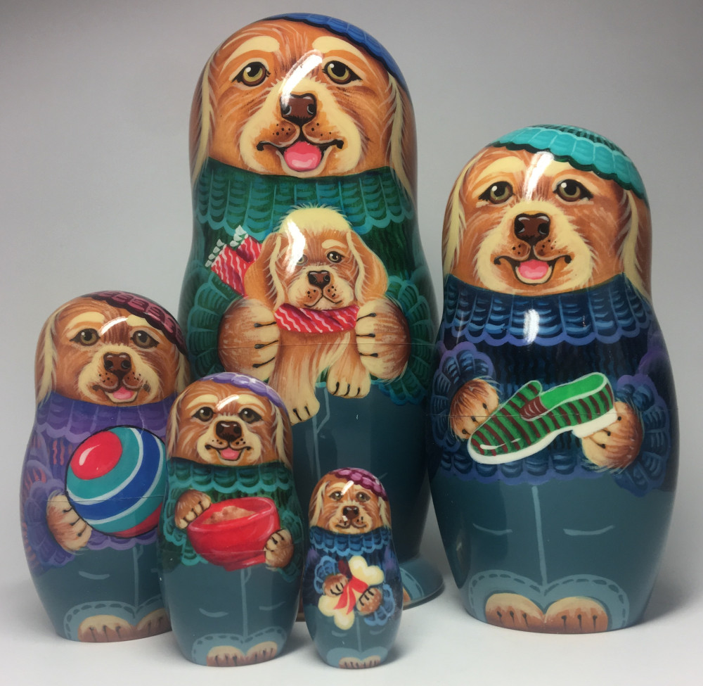 145 mm Brown Father Dog plays with Puppies handpainted Wooden Matryoshka Doll 5 pcs (by Vasily Crafts)