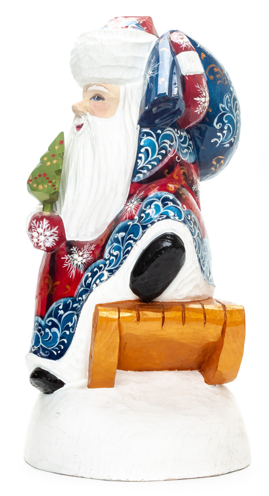 250 mm Santa with a Bag Riding the Sleighs Carved Wood Hand Painted Collectible Figurine  (by Natalia Nikitina Workshop)
