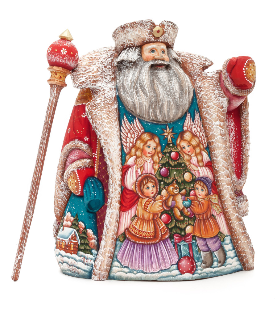 240 mm Santa with a Magic Staff and a Bag with hand painted Kids playing at the Green Christmas Tree Carved Wood Collectible Figurine (by Sergey Christmas Workshop)