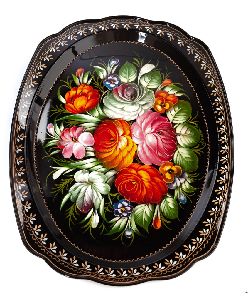 300x400 mm Zhostovo Patterns hand painted and lacquered by Anisimova Metal Forged Tray (by Lada Crafts)