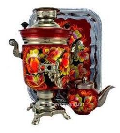 Flowers Hand Painted Electric Samovar Kettle with Teapot and Tray